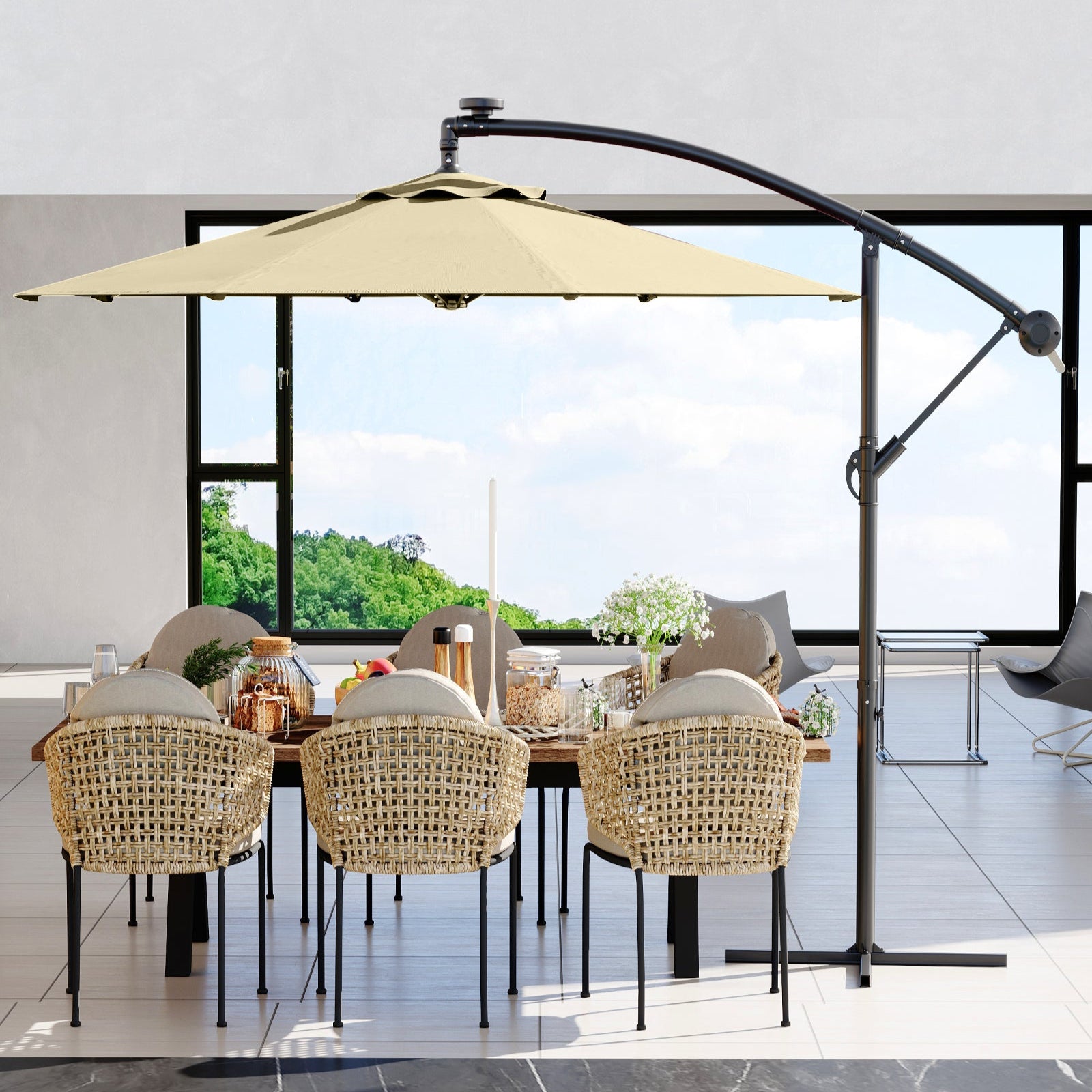 Garvee 10' Cantilever Umbrella with 360 Rotating Base, UV Protection Offset Patio Umbrella 10 Ribs Outdoor Sun Shade with Easy Tilt Adjustment for Backyard, Lawn, Garden, Beige