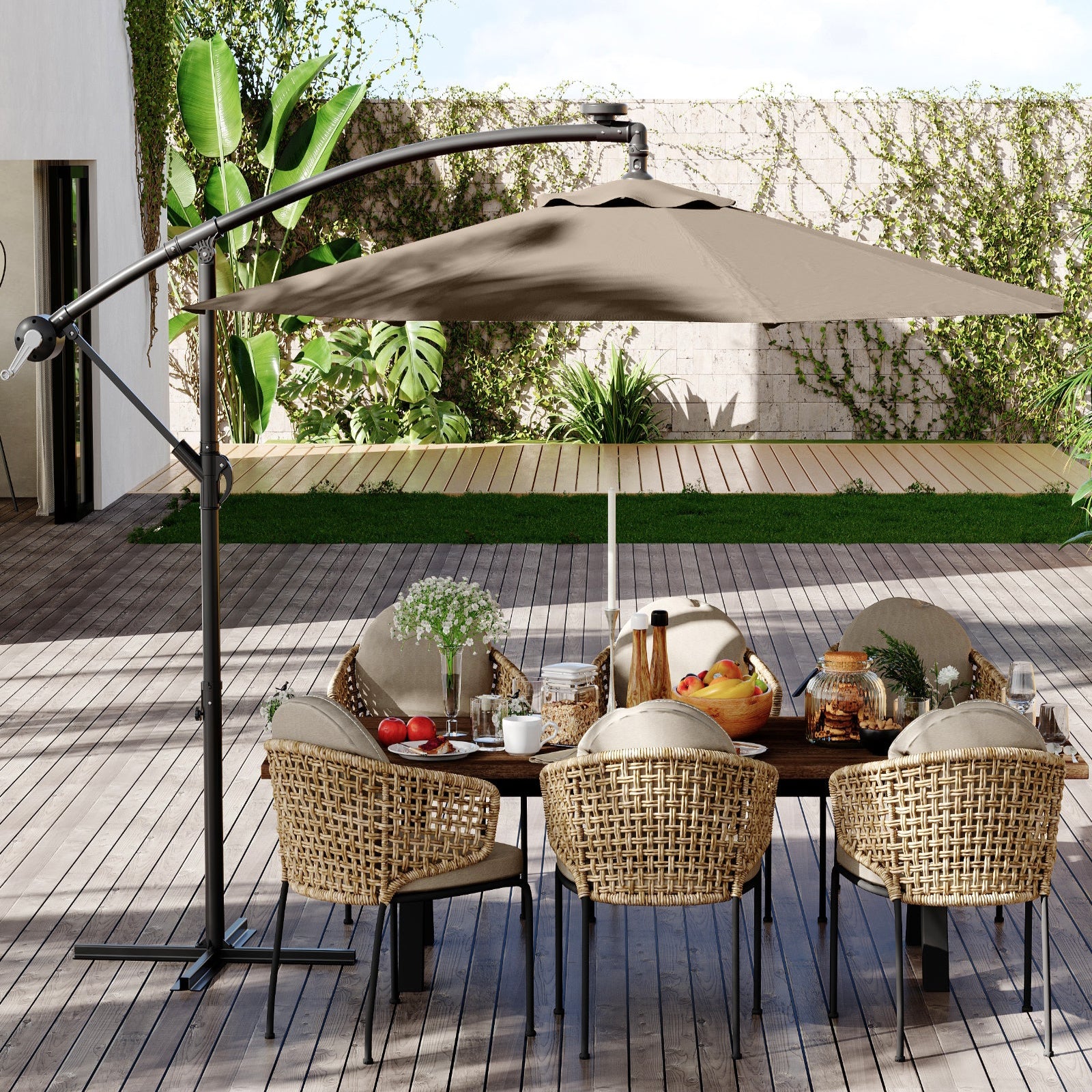 10ft Tan Cantilever Umbrella - 360° Rotating & UV Protection 10ft Tan Cantilever Umbrella - 360° Rotating & UV Protection