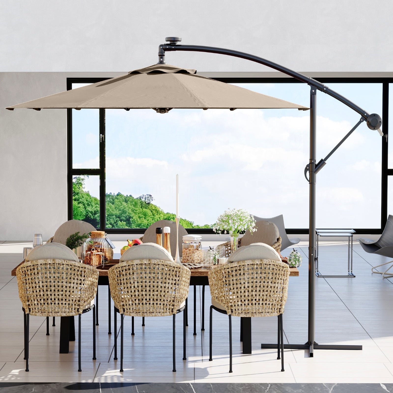 Garvee 10' Cantilever Umbrella with 360 Rotating Base, UV Protection Offset Patio Umbrella 11 Ribs Outdoor Sun Shade with Easy Tilt Adjustment for Backyard, Lawn, Garden, Tan