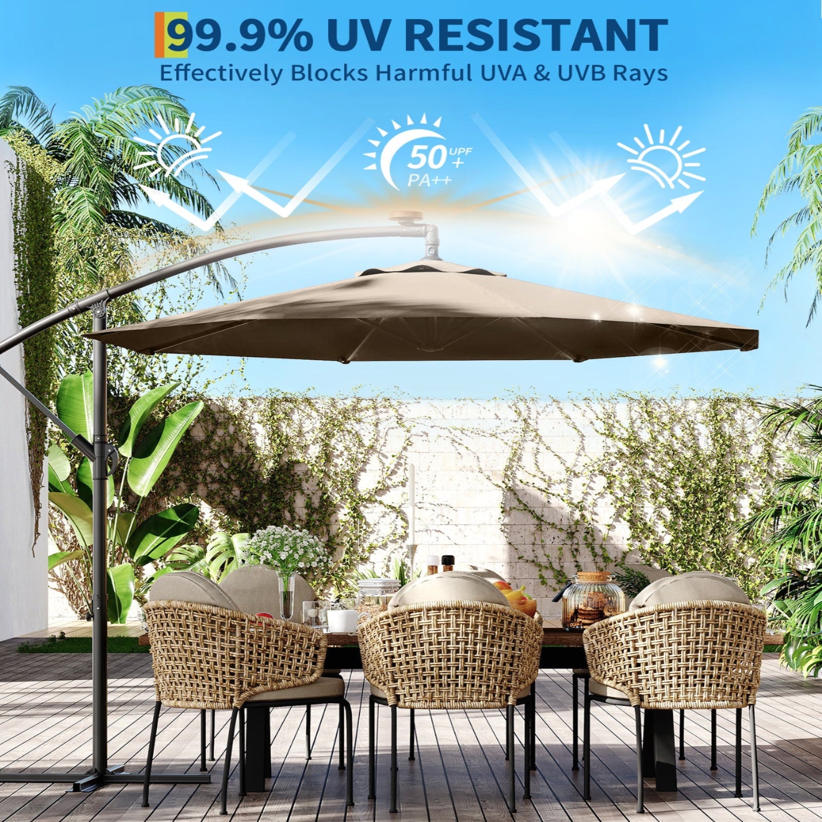 Garvee 10' Cantilever Umbrella with 360 Rotating Base, UV Protection Offset Patio Umbrella 11 Ribs Outdoor Sun Shade with Easy Tilt Adjustment for Backyard, Lawn, Garden, Tan