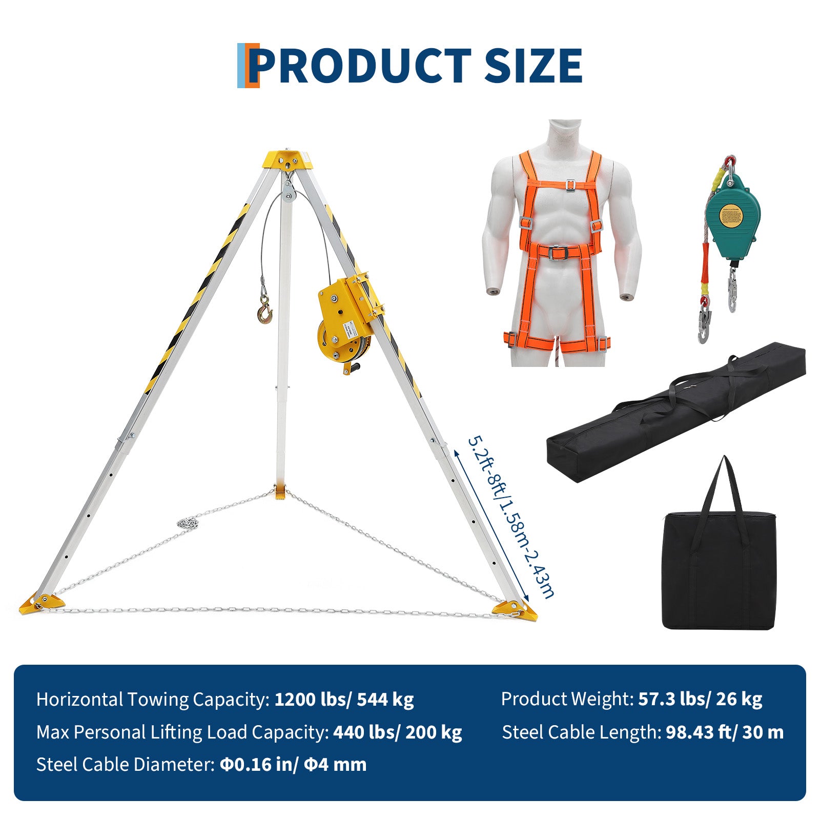 Garvee 8' Adjustable Legs Telescoping Tripod Kit - 1200LB Forged Alloy Steel w/Winch & Anti-Rotation Pulley for Industrial Rescue