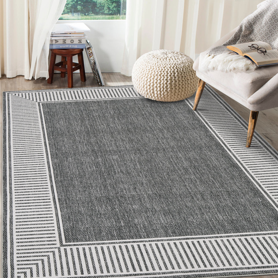 Garvee Bordered Grey 5x7 Washable Rug for Bedroom Large Living Room Rug with Rubber Backing Casual Striped Border Throw Carpet Modern Contemporary Area Rug for Dining Room Nursery Entry