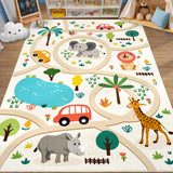 Garvee Kids Play Rugs 4x6 Ultra-Soft Playroom Floor Carpet Mat with Forest Cars Animals Road Pattern, Machine Washable Thin Vehicle Track Rug for Bedroom, Games Room - Animal Paradise|Beige