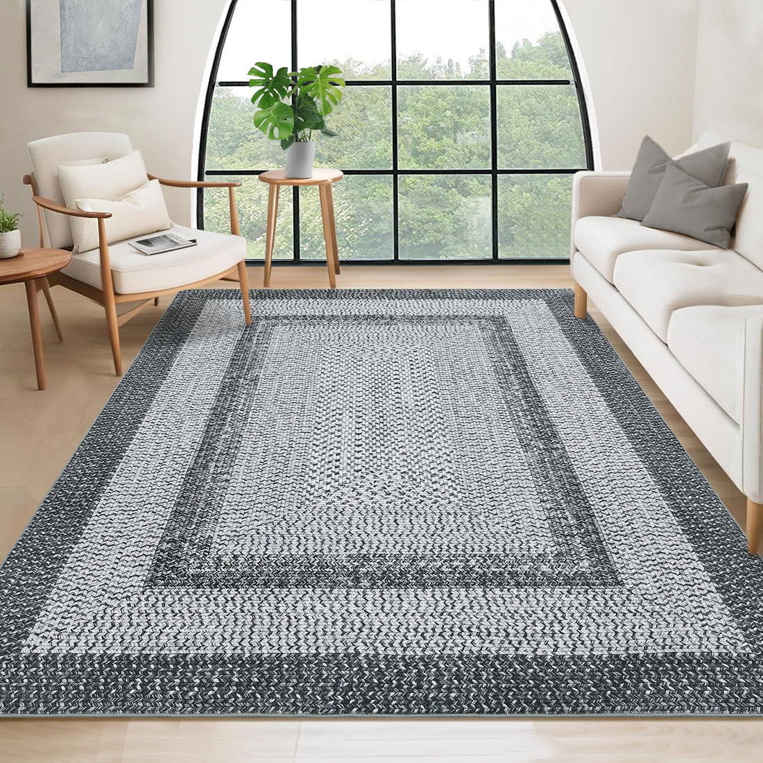 Garvee Bordered Grey 10x13 Washable Large Area Rugs for Living Room Boho Braided Printed Rugs Bedroom Aesthetic Minimalist Rug Non Slip Accent Rug Low Pile Non-Shedding Throw Carpet Foldable Thin Rug
