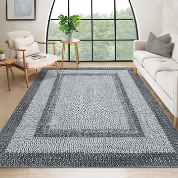 Garvee Bordered Grey 10x13 Washable Large Area Rugs for Living Room Boho Braided Printed Rugs Bedroom Aesthetic Minimalist Rug Non Slip Accent Rug Low Pile Non-Shedding Throw Carpet Foldable Thin Rug