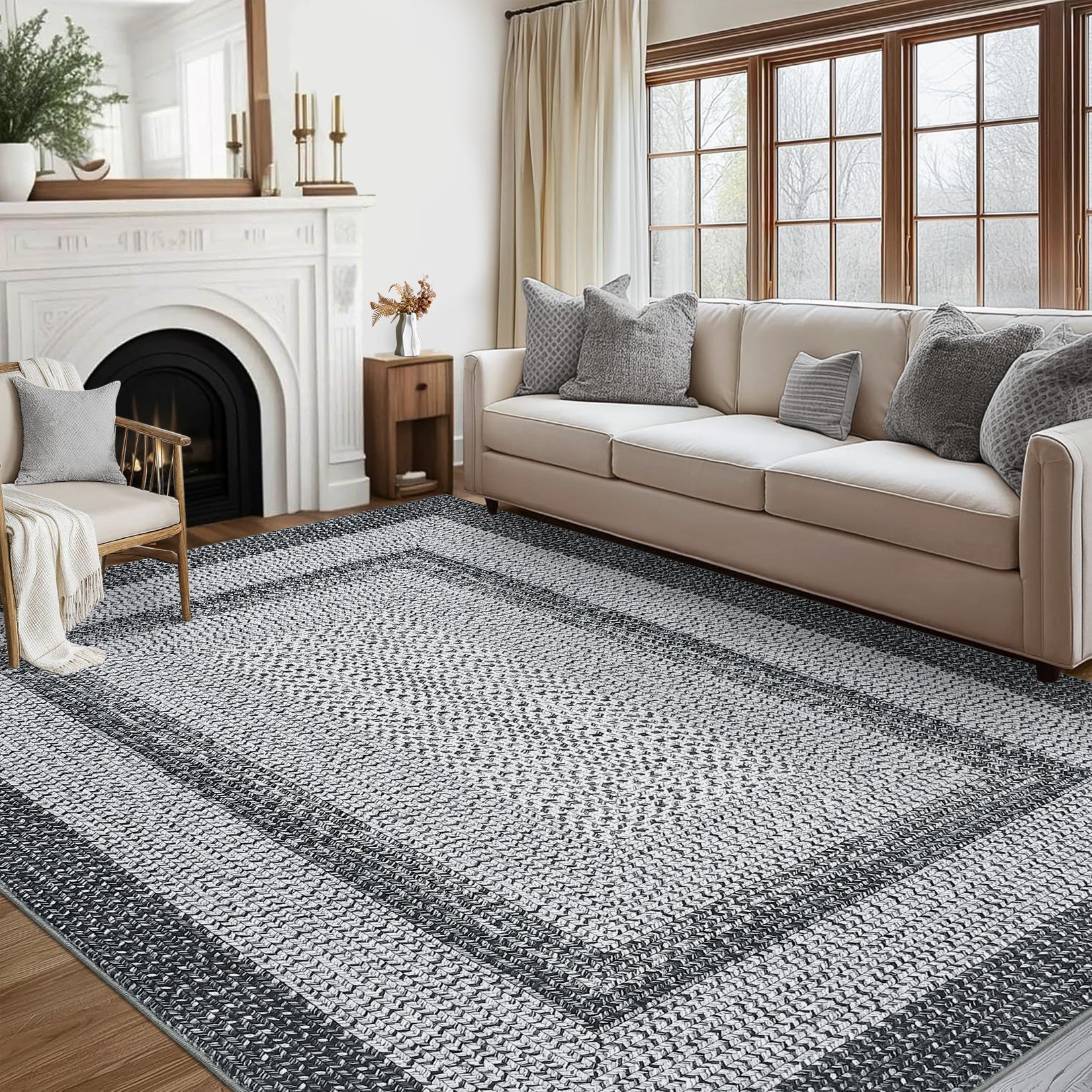 Garvee Bordered Grey 10x13 Washable Large Area Rugs for Living Room Boho Braided Printed Rugs Bedroom Aesthetic Minimalist Rug Non Slip Accent Rug Low Pile Non-Shedding Throw Carpet Foldable Thin Rug