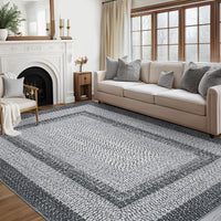 Garvee Bordered Grey 10x13 Washable Large Area Rugs for Living Room Boho Braided Printed Rugs Bedroom Aesthetic Minimalist Rug Non Slip Accent Rug Low Pile Non-Shedding Throw Carpet Foldable Thin Rug