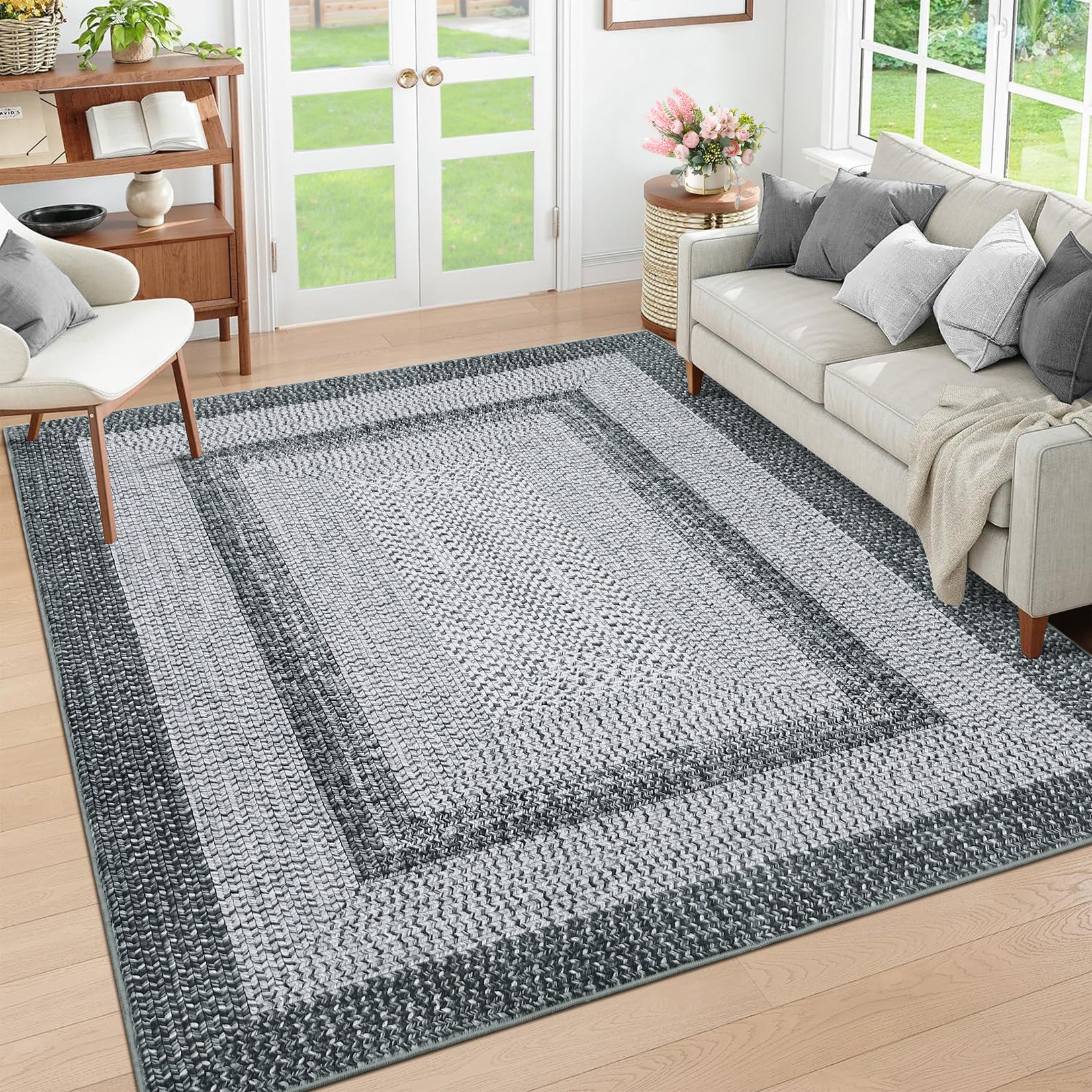 Garvee Bordered Grey 10x13 Washable Large Area Rugs for Living Room Boho Braided Printed Rugs Bedroom Aesthetic Minimalist Rug Non Slip Accent Rug Low Pile Non-Shedding Throw Carpet Foldable Thin Rug