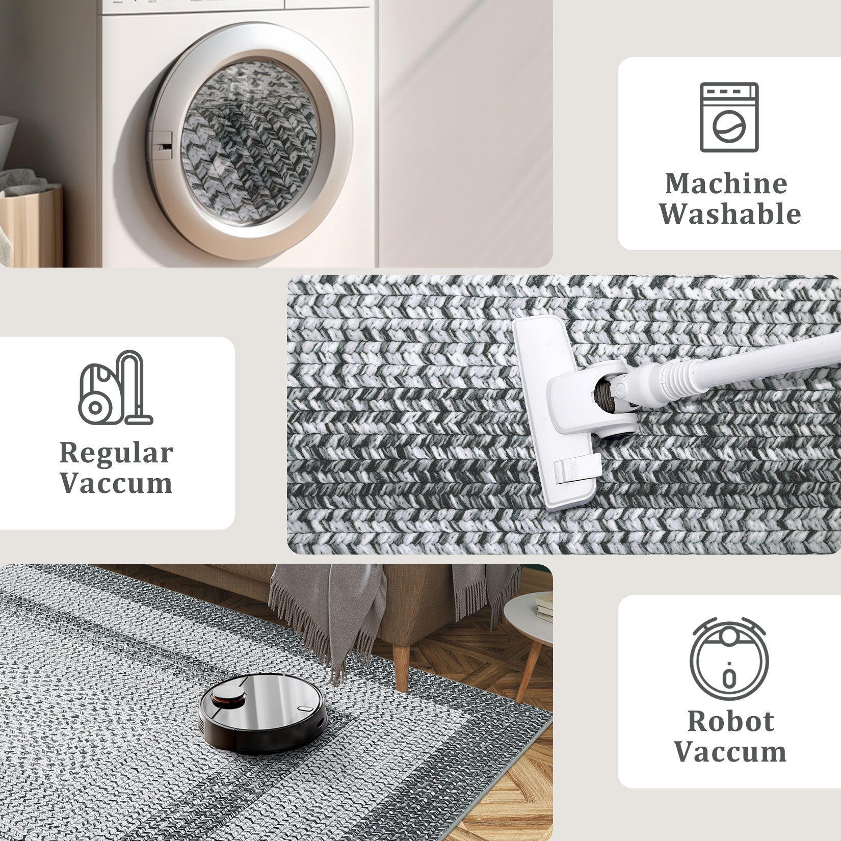 Garvee Bordered Grey 6x9 Washable Braided Rug, Washable Low Pile Non-Slip Polyester Cozy Texture Traditional Aesthetic for Living Room, Bedroom, Office
