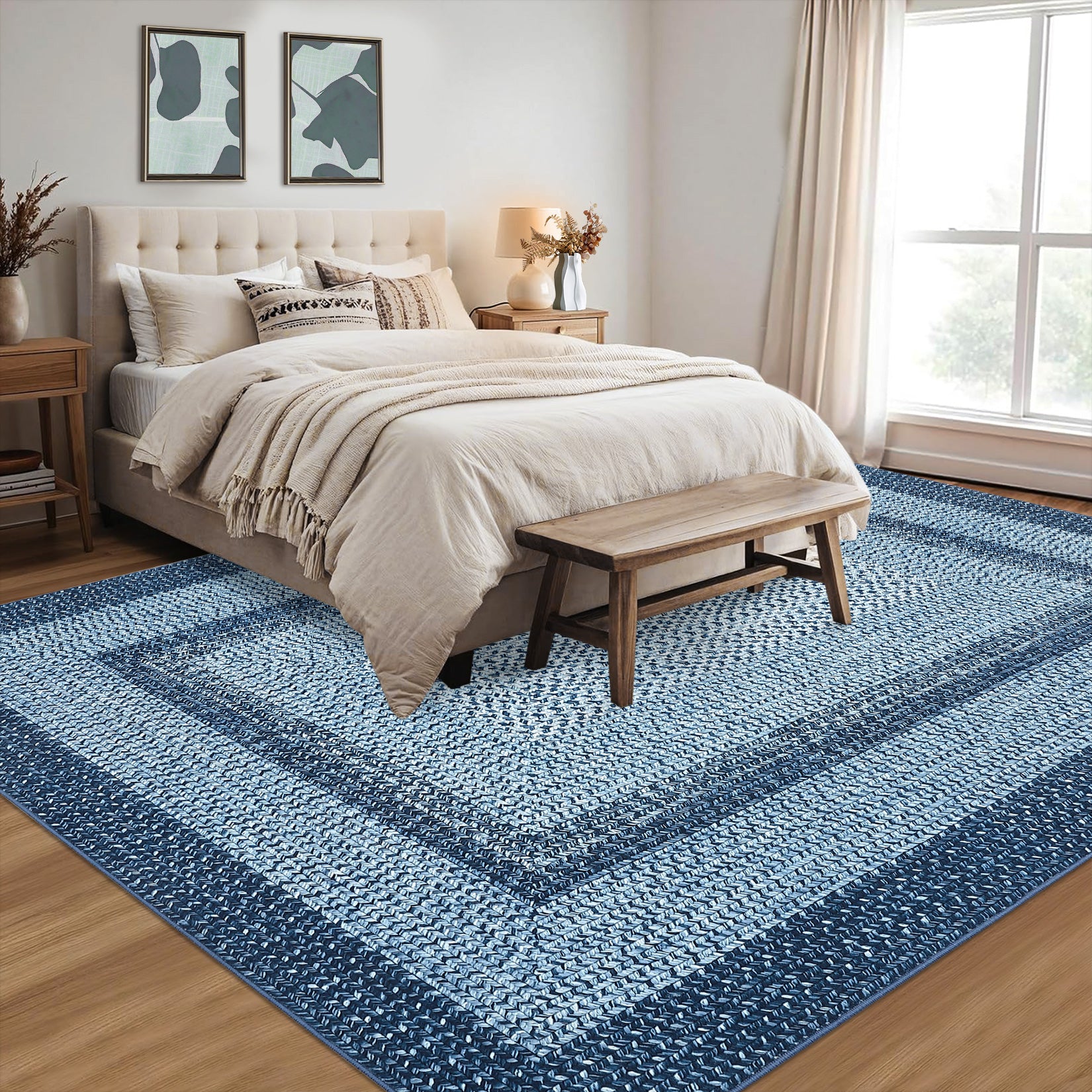 Garvee Bordered Grey Blue 6x9 Washable Boho Braided Area Rug, Vintage Low-Pile Carpet with Non-Slip TPR Backing, Foldable Polyester for Living Room, Bedroom, Office