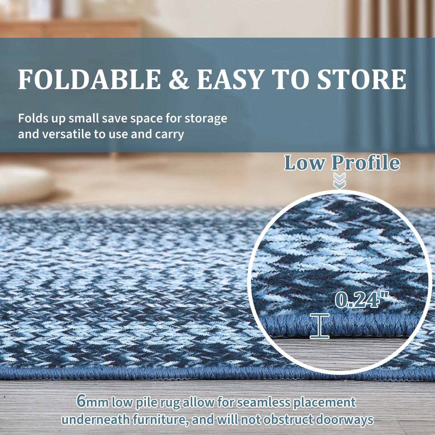 Garvee Bordered Grey Blue 6x9 Washable Boho Braided Area Rug, Vintage Low-Pile Carpet with Non-Slip TPR Backing, Foldable Polyester for Living Room, Bedroom, Office