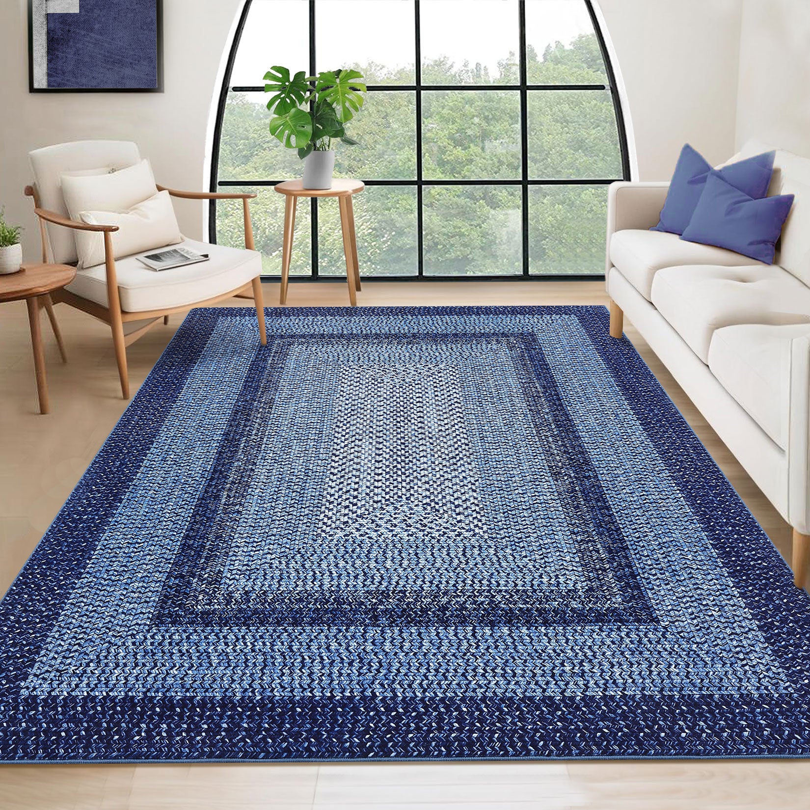 Garvee Bordered Navy Blue 8x10 Boho Braided Area Rug, Washable Vintage Low-Pile Carpet with Non-Slip TPR Backing, Foldable Polyester for Living Room, Bedroom, Office