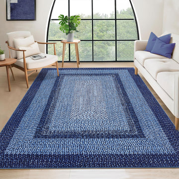 Garvee Bordered Navy Blue 10x13 Washable Rug for Living Room - Boho Braided Print, Non-Slip, Low Pile, Foldable, Polyester, Navy - Cozy & Minimalist