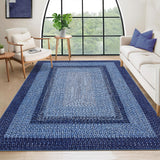 Garvee Bordered Navy Blue 10x13 Washable Rug for Living Room - Boho Braided Print, Non-Slip, Low Pile, Foldable, Polyester, Navy - Cozy & Minimalist - Navy Blue