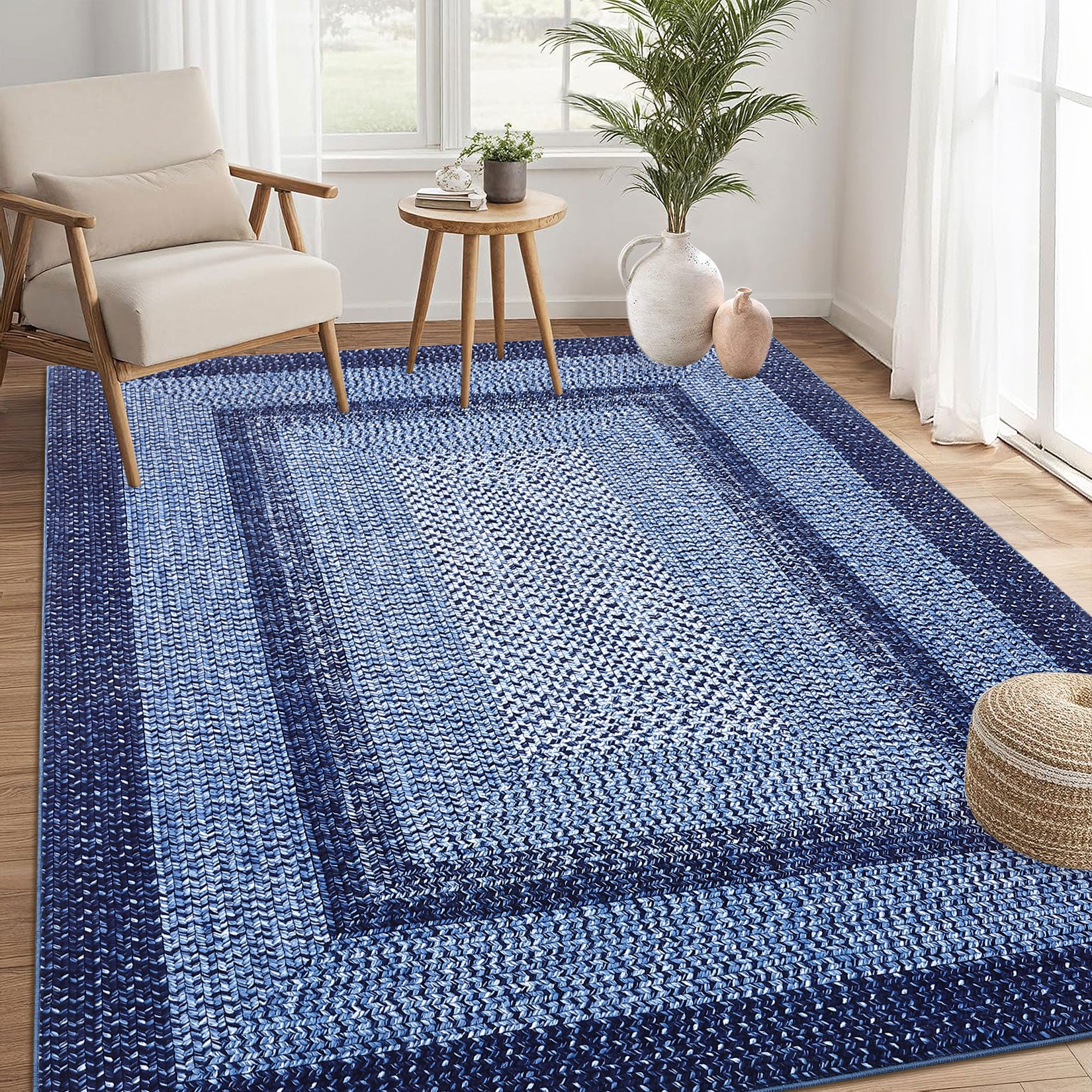Garvee Bordered Navy Blue 4x6 Modern Washable Rug | Non-Slip, Non-Shedding | Polyester | Traditional Aesthetic, Low Pile | Living Room, Bedroom
