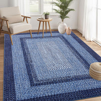 Garvee Bordered Navy Blue 4x6 Modern Washable Rug | Non-Slip, Non-Shedding | Polyester | Traditional Aesthetic, Low Pile | Living Room, Bedroom