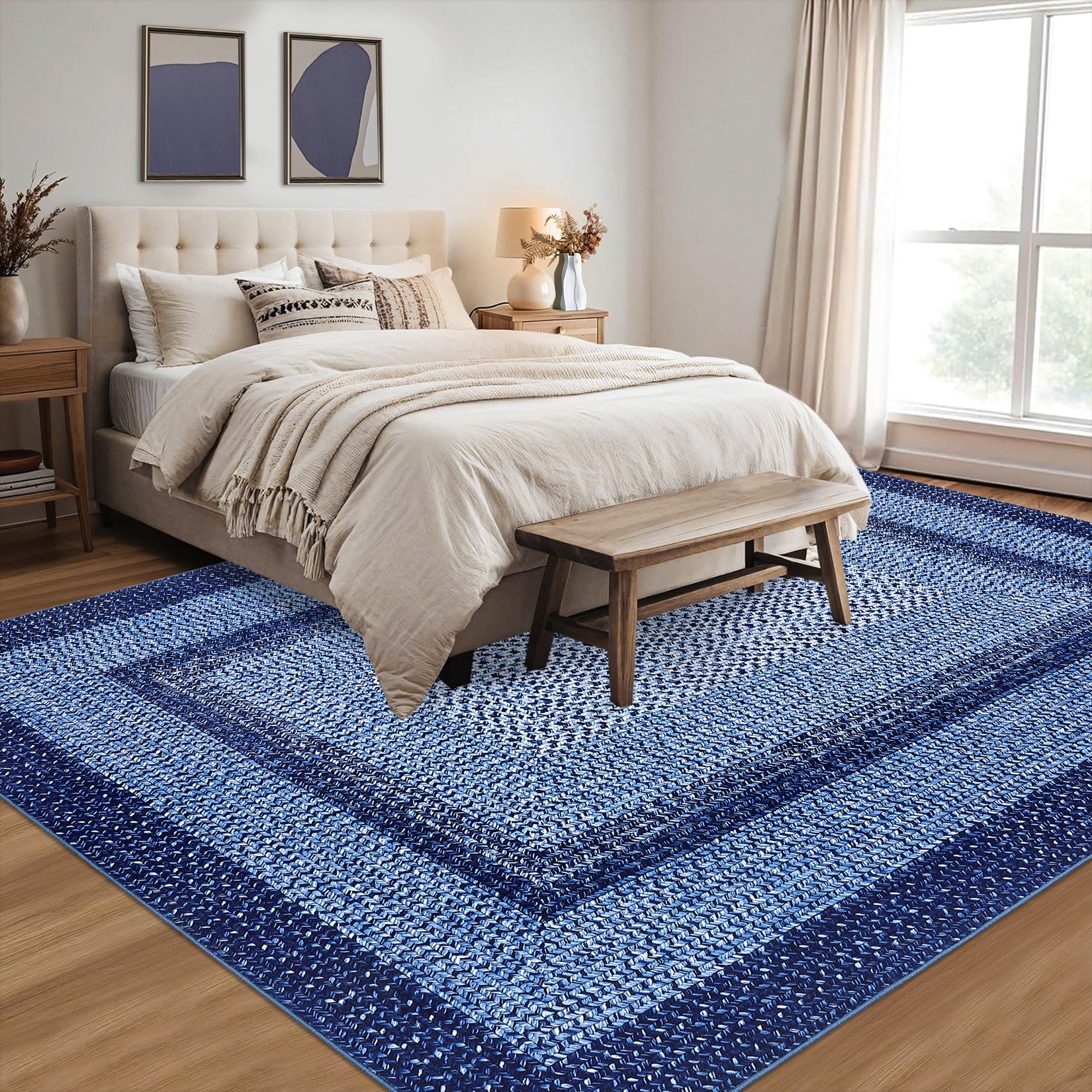 Garvee Bordered Navy Blue 8x10 Boho Braided Area Rug, Washable Vintage Low-Pile Carpet with Non-Slip TPR Backing, Foldable Polyester for Living Room, Bedroom, Office