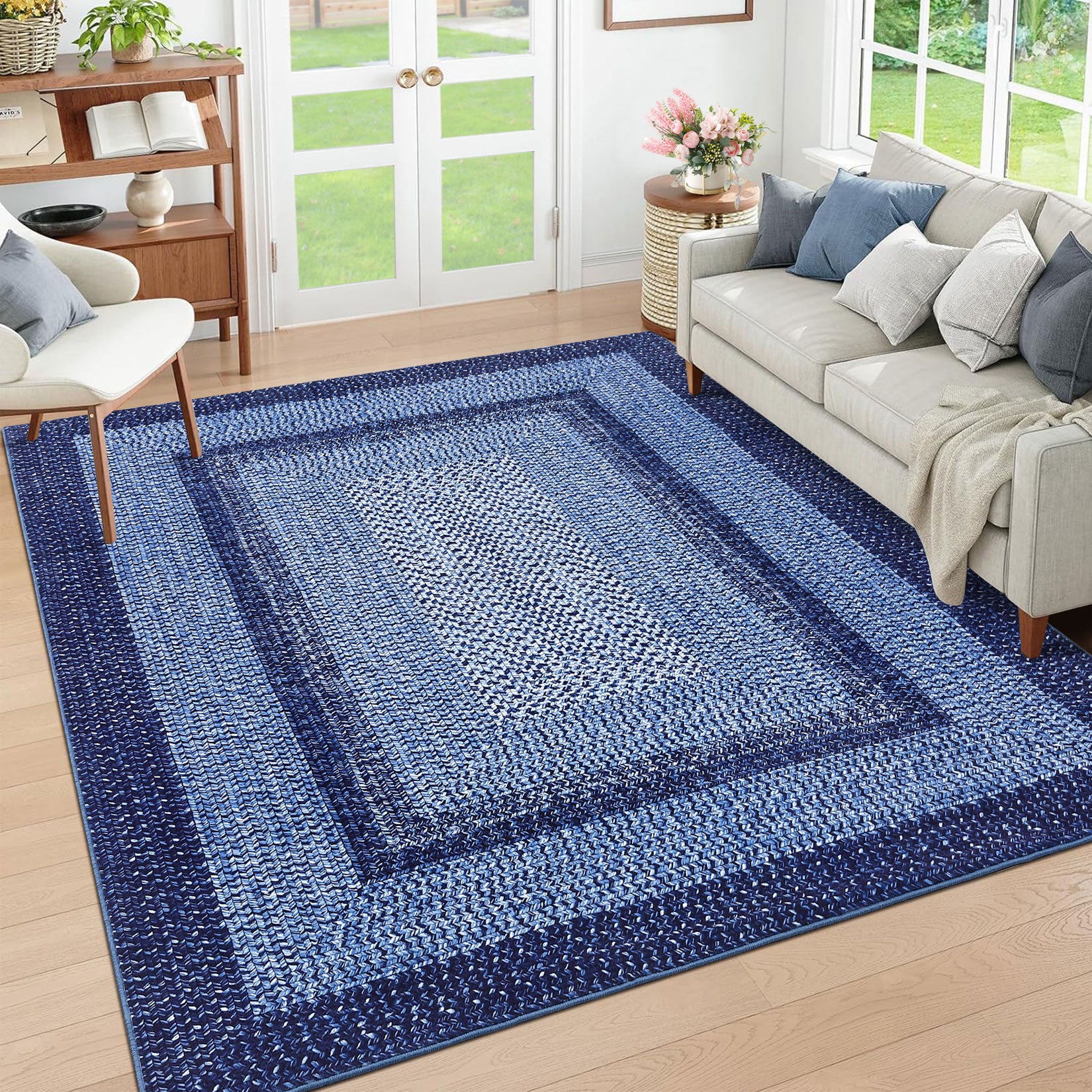 Garvee Bordered Navy Blue 4x6 Modern Washable Rug | Non-Slip, Non-Shedding | Polyester | Traditional Aesthetic, Low Pile | Living Room, Bedroom