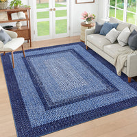Garvee Bordered Navy Blue 4x6 Modern Washable Rug | Non-Slip, Non-Shedding | Polyester | Traditional Aesthetic, Low Pile | Living Room, Bedroom