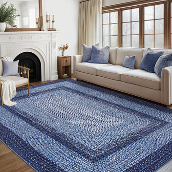 Garvee Bordered Navy Blue 8x10 Boho Braided Area Rug, Washable Vintage Low-Pile Carpet with Non-Slip TPR Backing, Foldable Polyester for Living Room, Bedroom, Office