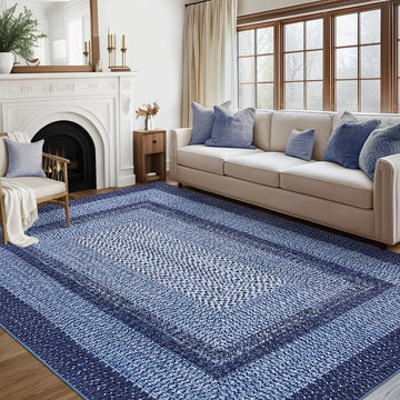 Garvee Bordered Navy Blue 9x12 Washable Area Rug Modern Braided Print Soft Boho Non-Slip Non-Shedding Low Pile Foldable Thin Navy Rug for Dining Room, Home Office, Nursery
