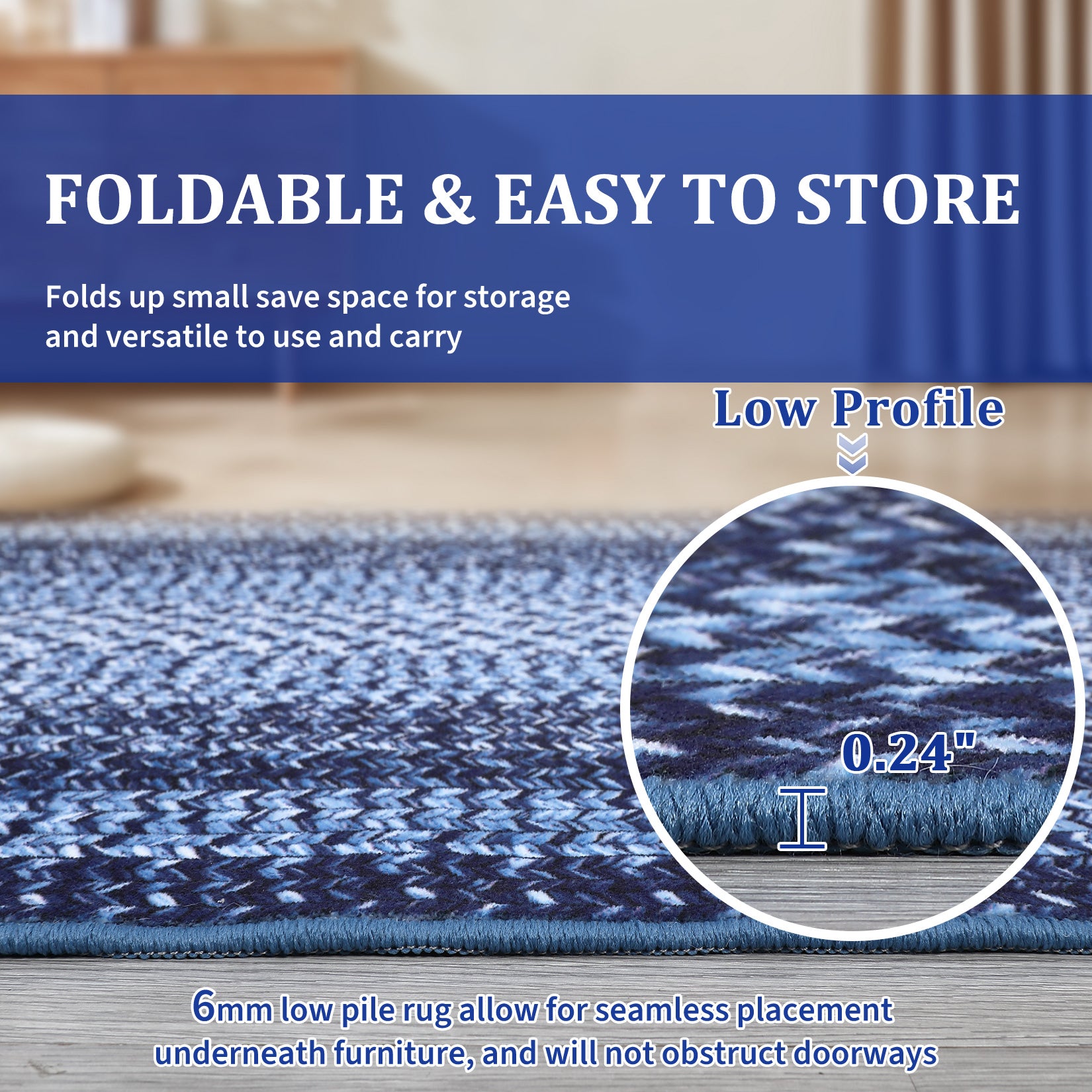 Garvee Bordered Navy Blue 2x8 Modern Boho Rug, Runner Ultra-Thin Washable Non-Slip Polyester Low Pile TPR Backing Entryway Kitchen Bedroom Hallway