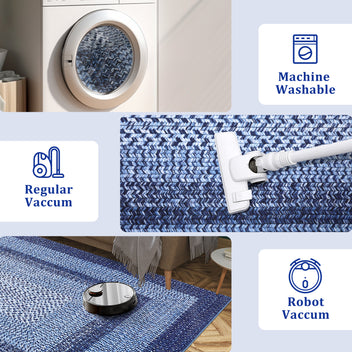 Garvee 4' × 6' Washable Area Rug, Non-Slip Low-Pile Carpet, Non-Shedding Polyester Rug with Classic Border Design for Living Room, Bedroom & Home Decor, Navy Blue