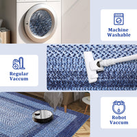 Garvee Bordered Navy Blue 8x10 Boho Braided Area Rug, Washable Vintage Low-Pile Carpet with Non-Slip TPR Backing, Foldable Polyester for Living Room, Bedroom, Office