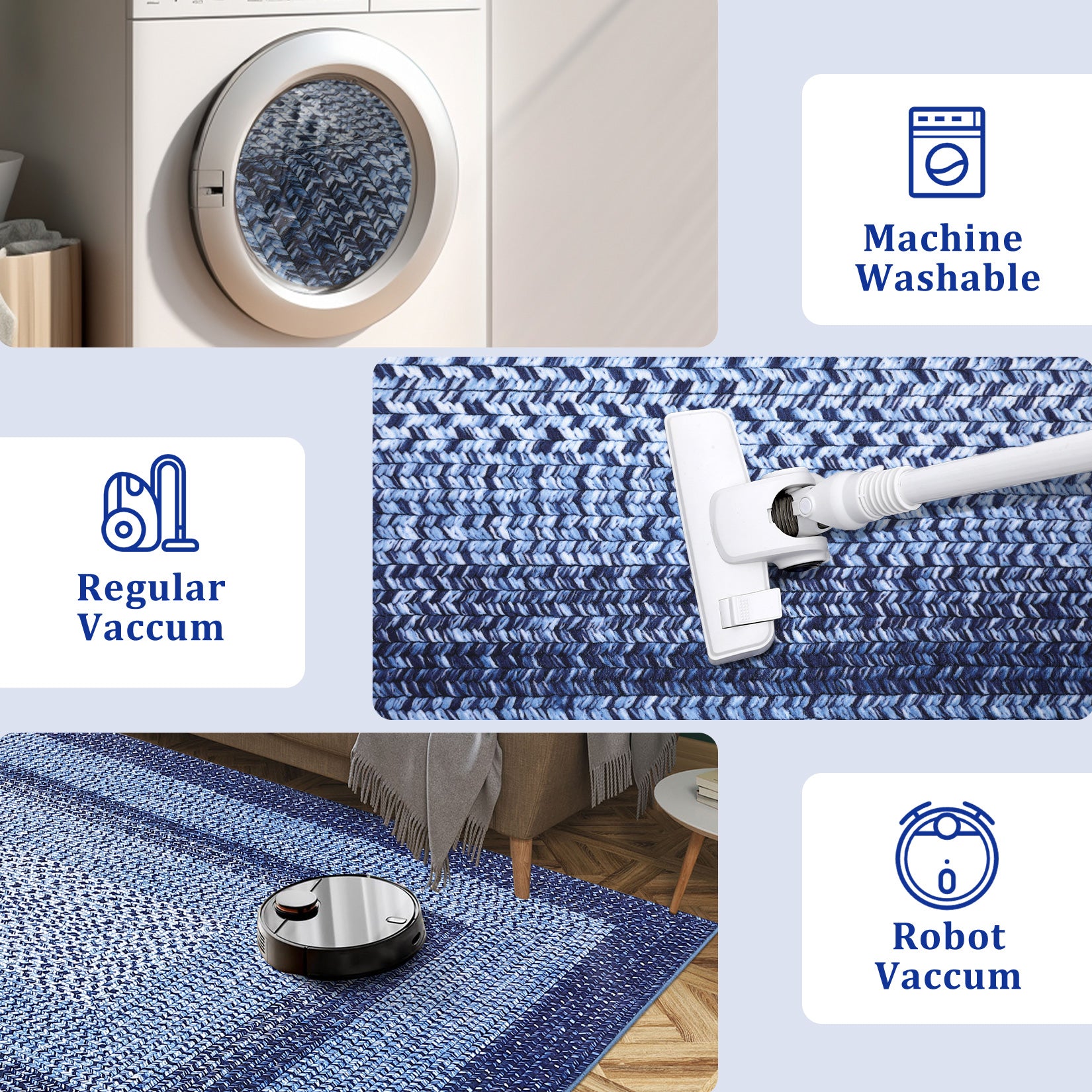 Garvee Bordered Navy Blue 2x8 Modern Boho Rug, Runner Ultra-Thin Washable Non-Slip Polyester Low Pile TPR Backing Entryway Kitchen Bedroom Hallway