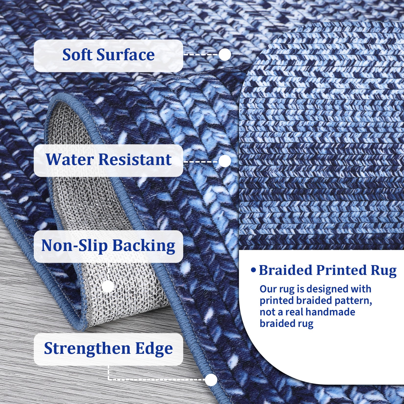 Garvee Bordered Navy Blue 8x10 Boho Braided Area Rug, Washable Vintage Low-Pile Carpet with Non-Slip TPR Backing, Foldable Polyester for Living Room, Bedroom, Office