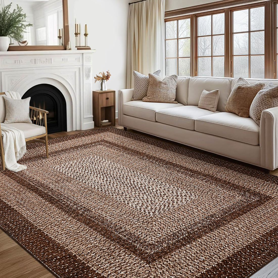 Garvee 8x10 Boho Braided-Print Washable Area Rug, Low Pile Polyester Rug with Non-Slip Backing for Living Room, Bedroom & Office, Brown