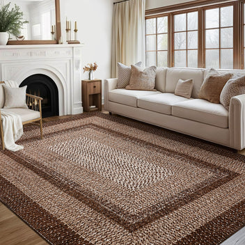 Garvee 8x10 Boho Braided-Print Washable Area Rug, Low Pile Polyester Rug with Non-Slip Backing for Living Room, Bedroom & Office, Brown