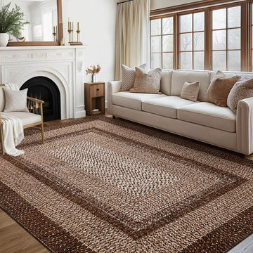 Garvee 8x10 Boho Braided-Print Washable Area Rug, Low Pile Polyester Rug with Non-Slip Backing for Living Room, Bedroom & Office, Brown