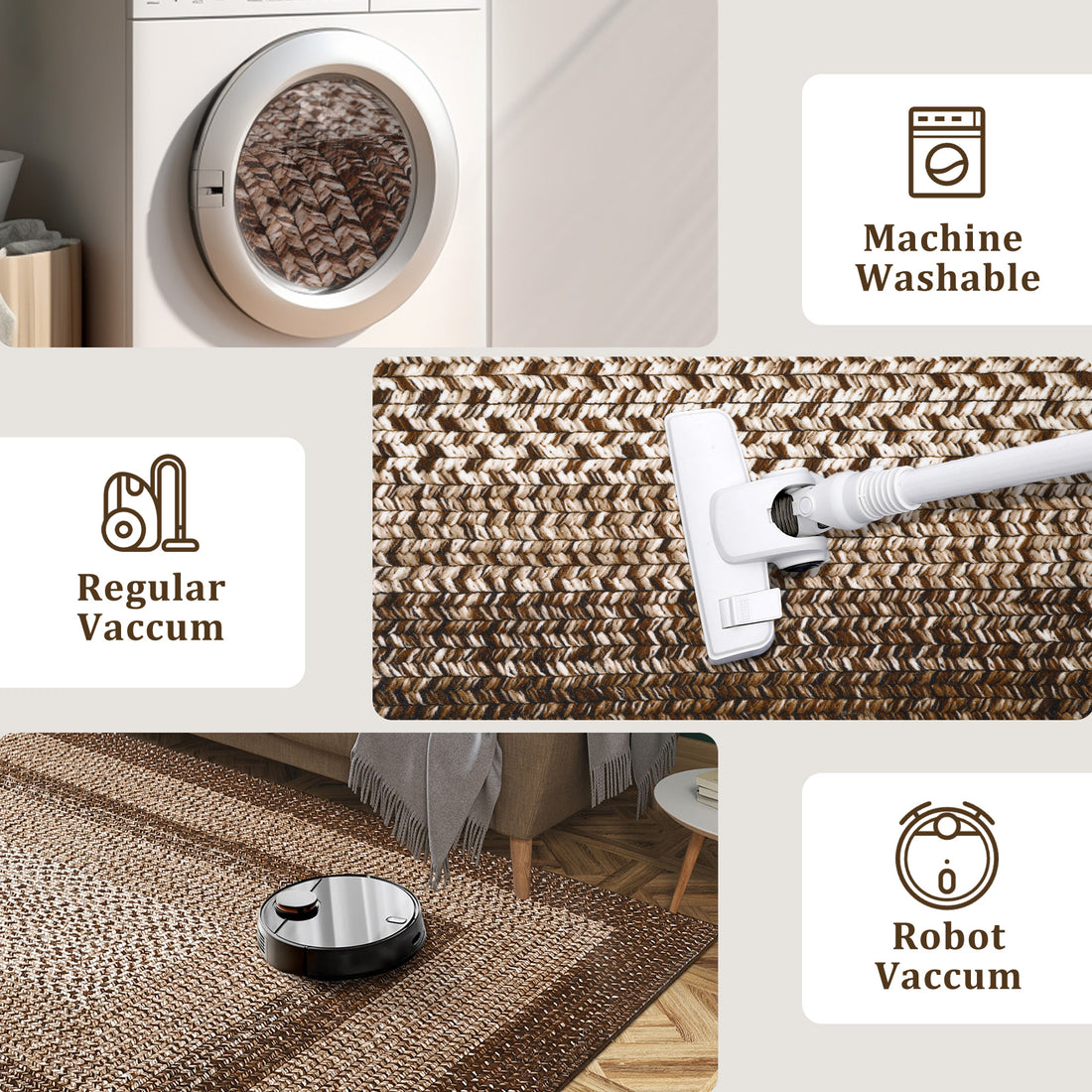 Garvee Bordered Brown 2x6 Braided Distressed Runner, Washable Non Slip Non-Shedding Ultra-Thin Carpet for Entryway Hallway & Bedroom Bedside