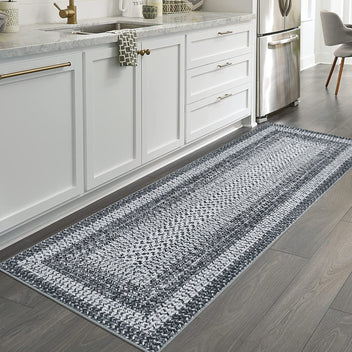 Garvee Bordered Grey 2x8 Washable Runner Rug, Distressed Farmhouse Print, Ultra-Thin Non-Slip Polyester Mat with Cozy Texture for Kitchen, Bedroom, Entryway