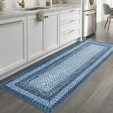 Garvee Bordered Grey Blue 2x8 Modern Boho Runner Rug, Ultra-Thin Washable Non-Slip Polyester Non-Shedding Low Pile for Entryway, Hallway, Bedroom