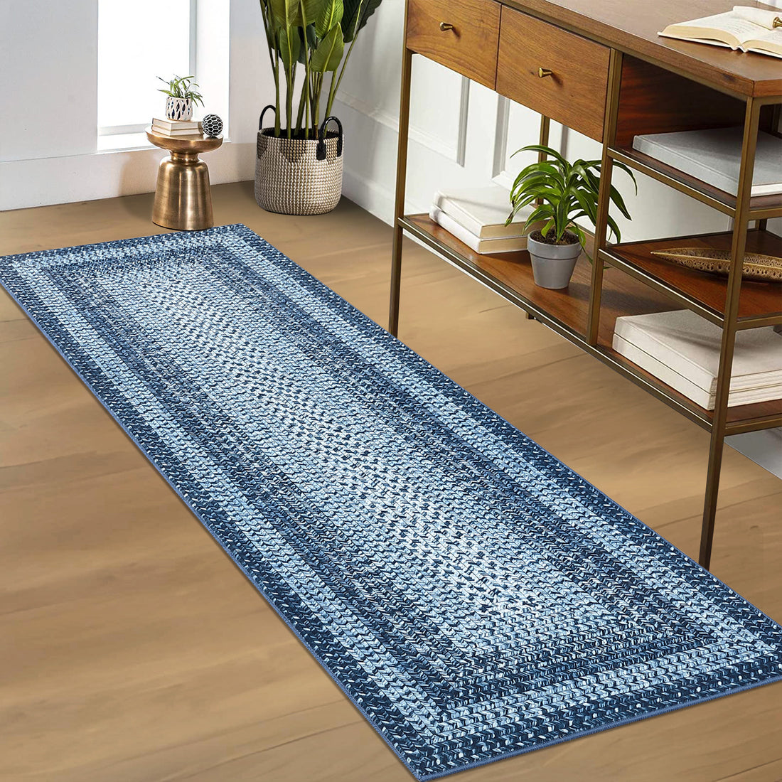 Garvee Bordered Grey Blue 2x8 Modern Boho Runner Rug, Ultra-Thin Washable Non-Slip Polyester Non-Shedding Low Pile for Entryway, Hallway, Bedroom