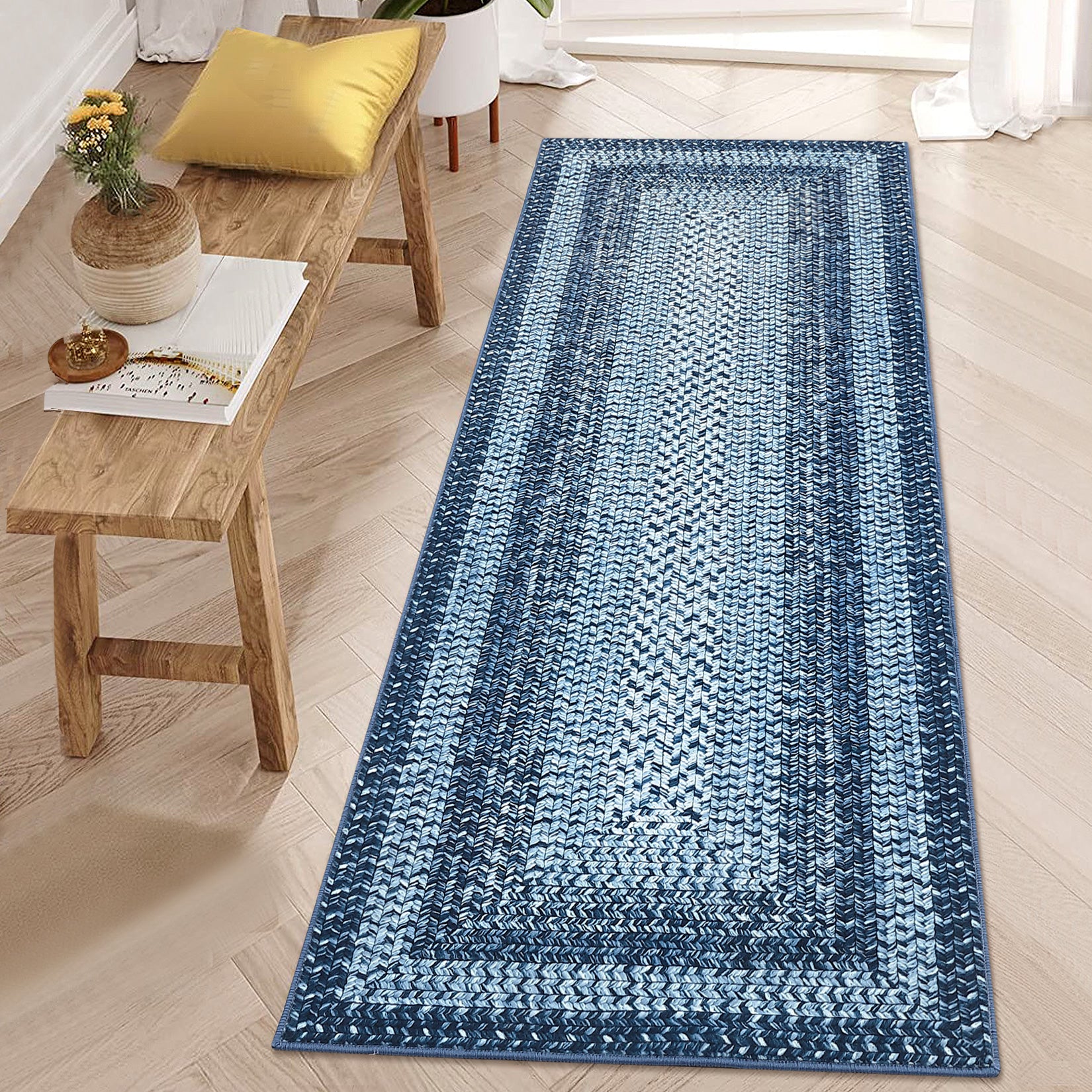 Garvee Bordered Grey Blue 2x8 Modern Boho Runner Rug, Ultra-Thin Washable Non-Slip Polyester Non-Shedding Low Pile for Entryway, Hallway, Bedroom