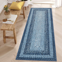 Garvee Bordered Grey Blue 2x8 Modern Boho Runner Rug, Ultra-Thin Washable Non-Slip Polyester Non-Shedding Low Pile for Entryway, Hallway, Bedroom