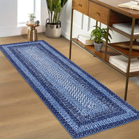 Garvee Bordered Navy Blue 2x8 Modern Boho Rug, Runner Ultra-Thin Washable Non-Slip Polyester Low Pile TPR Backing Entryway Kitchen Bedroom Hallway
