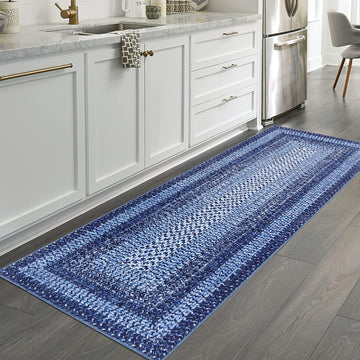 Garvee Bordered Navy Blue 2x6 Area Rug, Braided Print Washable Rug Non-Slip Hallway Runners Entryway Rug Runner Ultra-Thin Farmhouse Kitchen Mat Bedroom Bedside Laundry Distressed Rug Non-Shedding Accent Carpet