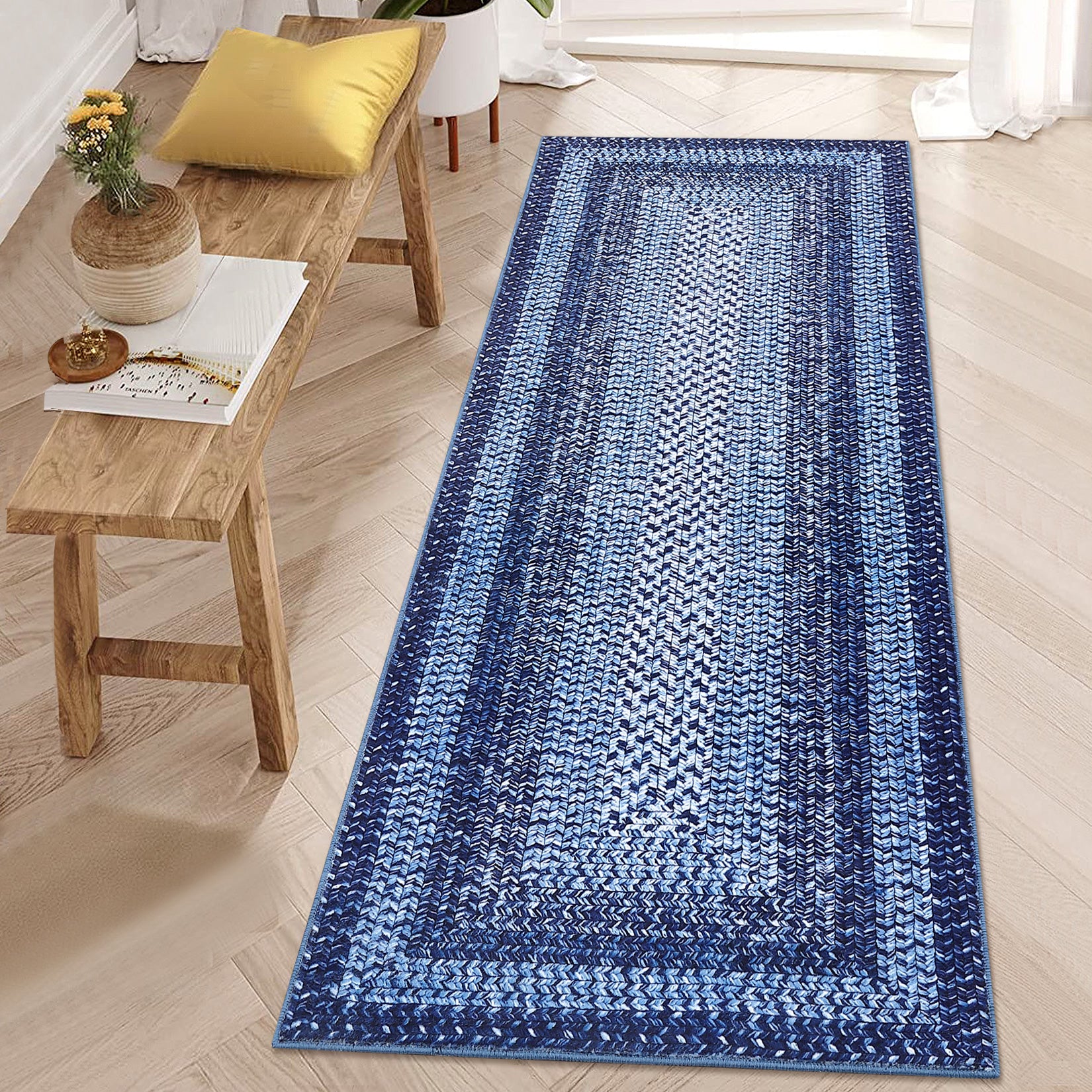 Garvee Bordered Navy Blue 2x8 Modern Boho Rug, Runner Ultra-Thin Washable Non-Slip Polyester Low Pile TPR Backing Entryway Kitchen Bedroom Hallway