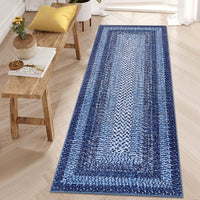 Garvee Bordered Navy Blue 2x8 Modern Boho Rug, Runner Ultra-Thin Washable Non-Slip Polyester Low Pile TPR Backing Entryway Kitchen Bedroom Hallway