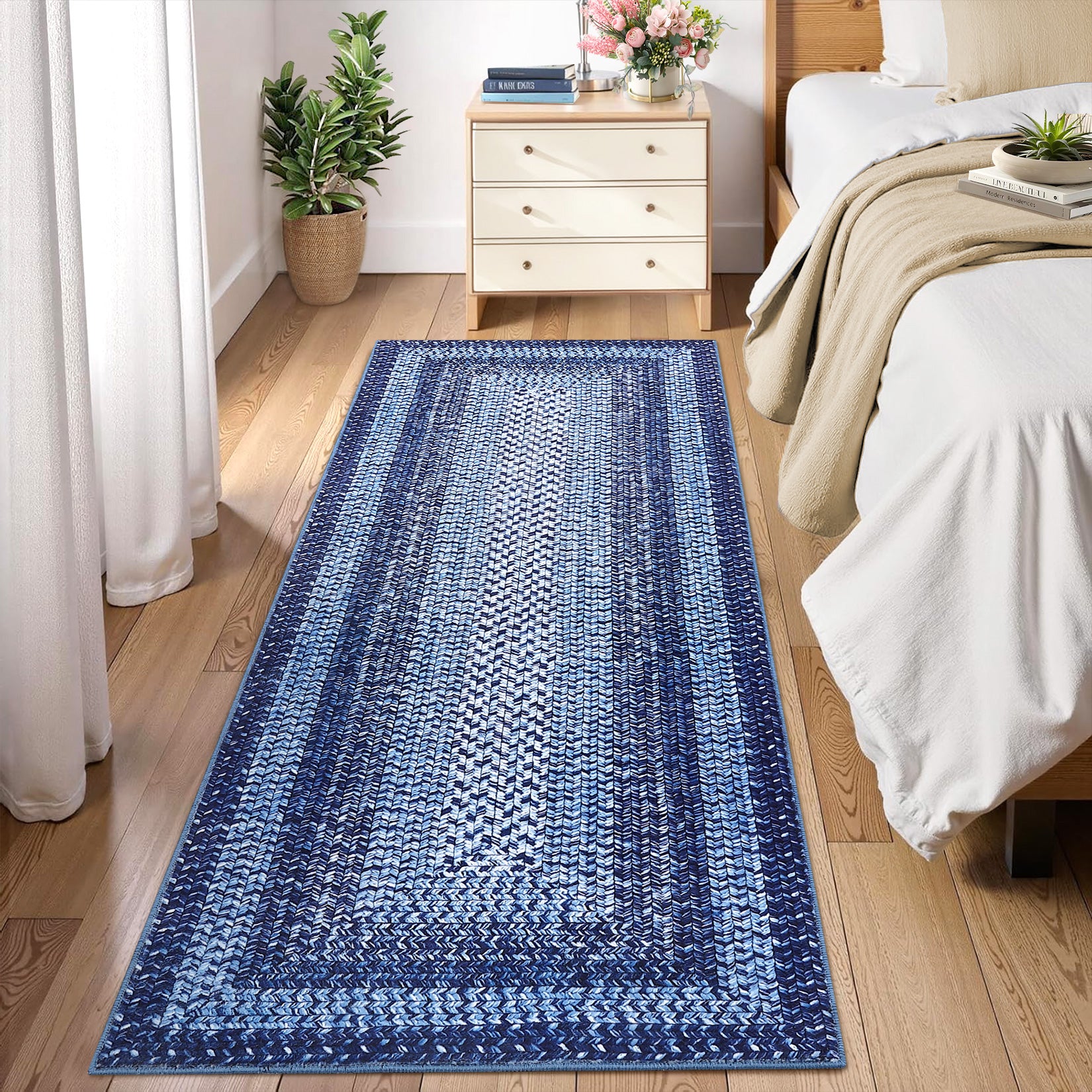 Garvee Bordered Navy Blue 2x8 Modern Boho Rug, Runner Ultra-Thin Washable Non-Slip Polyester Low Pile TPR Backing Entryway Kitchen Bedroom Hallway