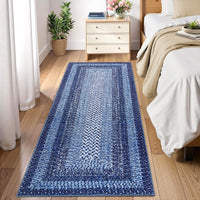Garvee Bordered Navy Blue 2x8 Modern Boho Rug, Runner Ultra-Thin Washable Non-Slip Polyester Low Pile TPR Backing Entryway Kitchen Bedroom Hallway