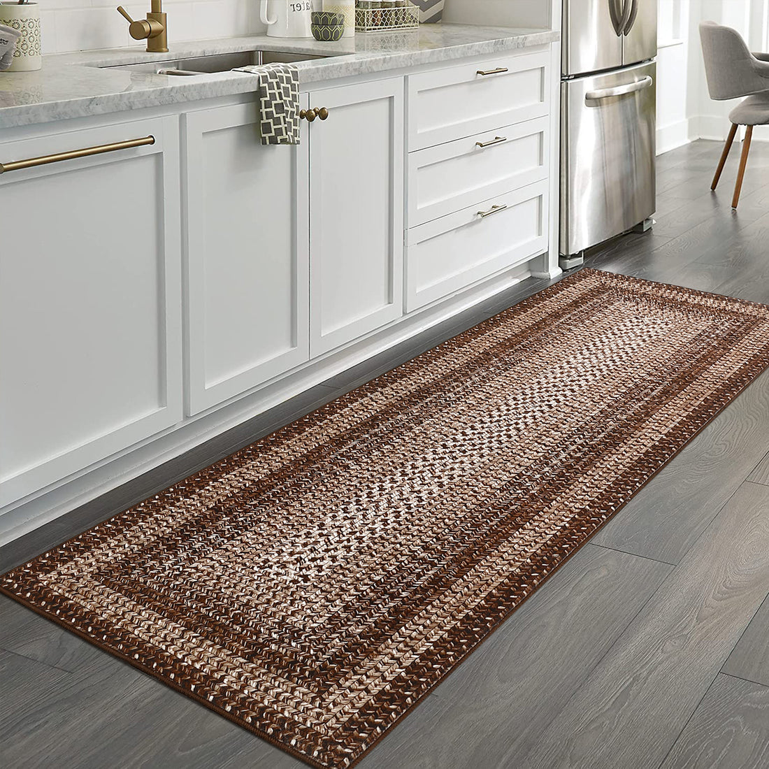 Garvee Bordered Brown 2x6 Braided Distressed Runner, Washable Non Slip Non-Shedding Ultra-Thin Carpet for Entryway Hallway & Bedroom Bedside