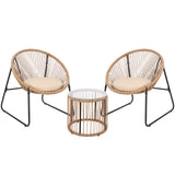 Garvee 3 Piece Acapulco Chair Set, All-Weather Modern Patio Furniture Set with Cushions, Plastic Rope, Glass Top Table and 2 Chairs, Woven Patio Conversation Bistro Set, Brown - Brown
