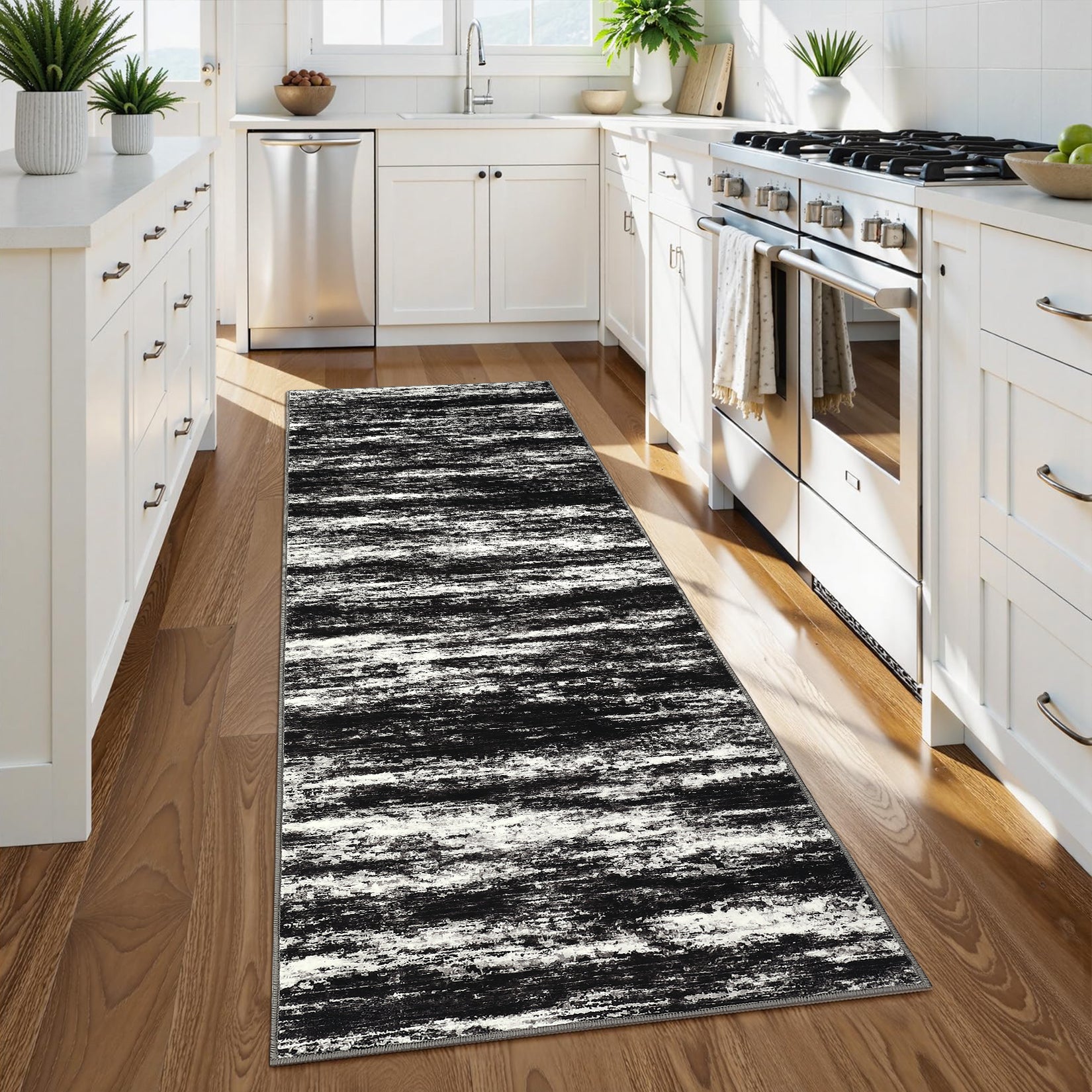 Garvee Washable Runner Rug 2x6 Modern Non Slip Kitchen Rug Black Low Pile Abstract Farmhouse