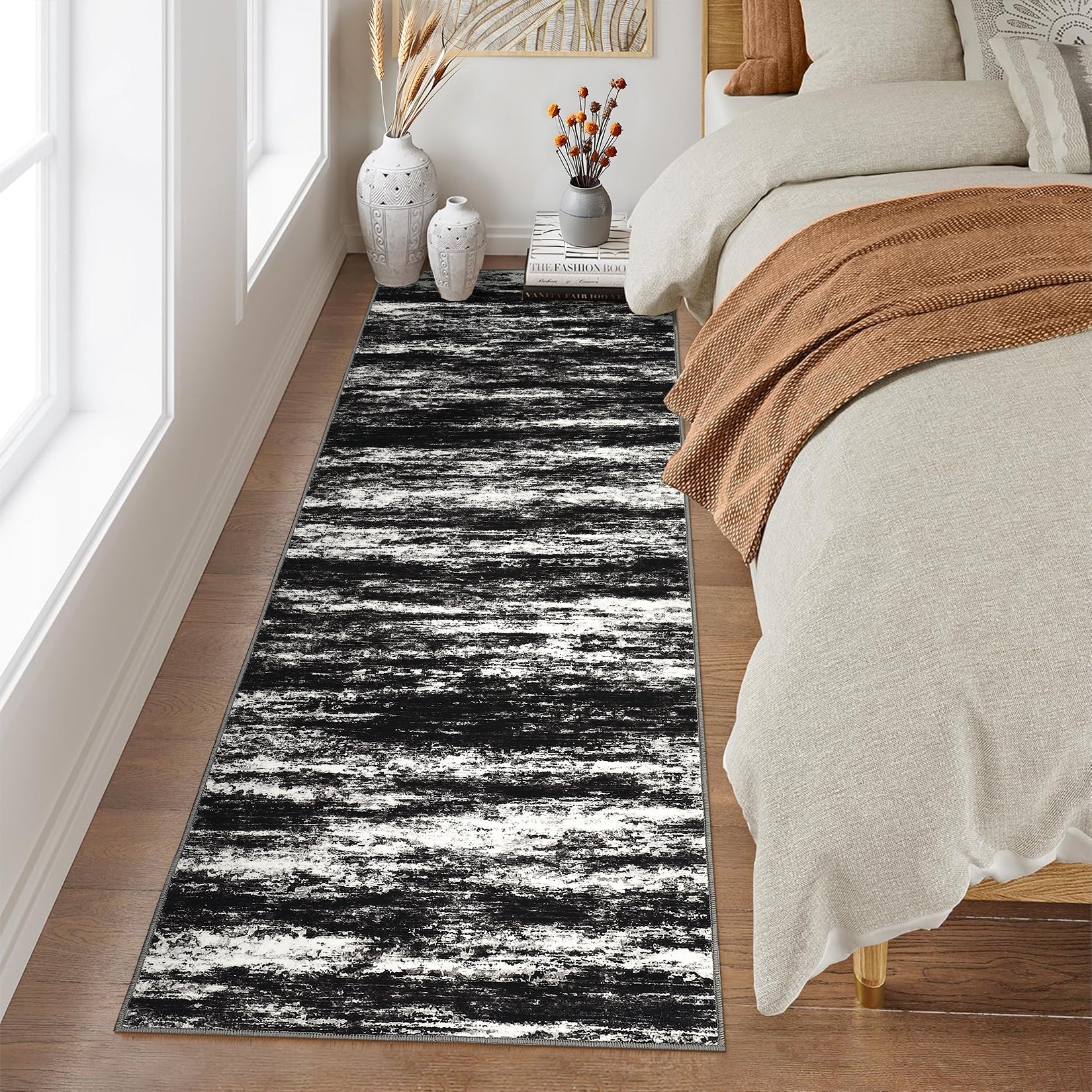Garvee Washable Runner Rug 2x6 Modern Non Slip Kitchen Rug Black Low Pile Abstract Farmhouse