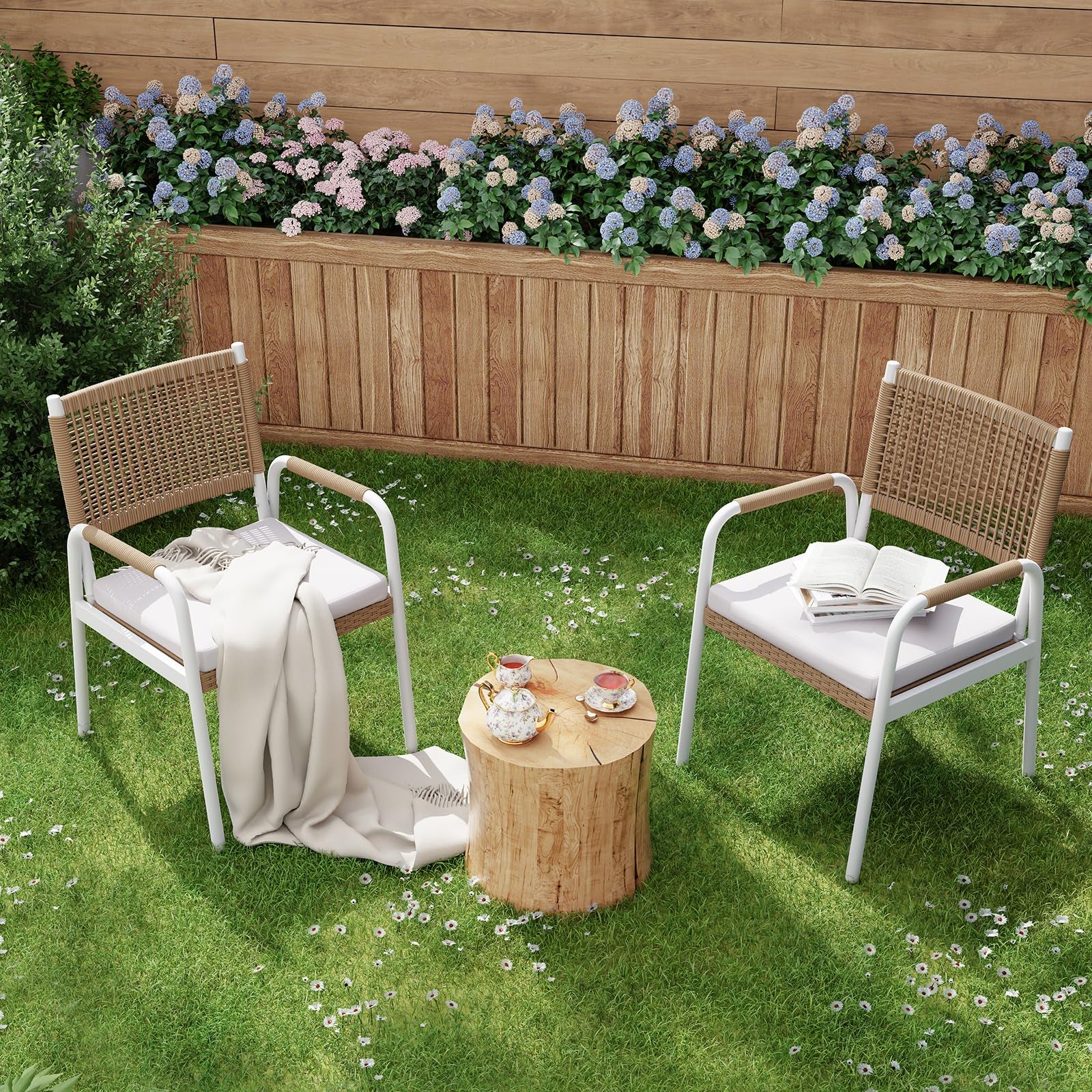 Garvee 2-Piece Stackable Rattan Patio Dining Chairs, All-Weather Outdoor Armchairs with Cushions, White & Brown
